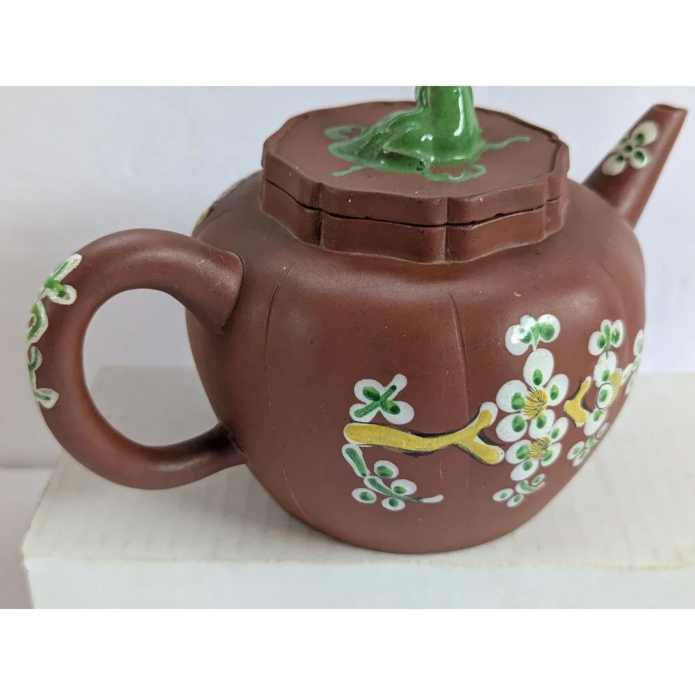 Vtg Yixing Zisha Clay Teapot W/ Enamel Floral & Bird Design 5